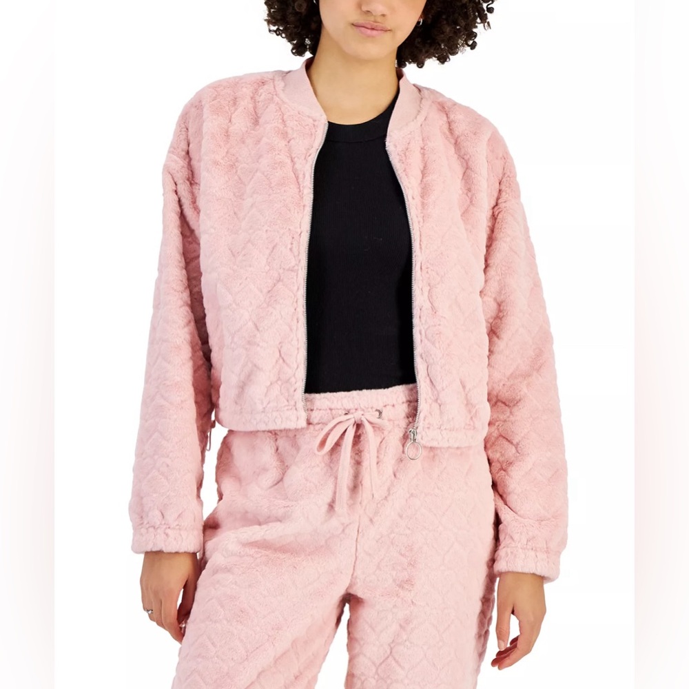 New! Crave Fame Juniors Faux-Fur Embossed Full Zip Bomber Jacket.Pink.Size:Small